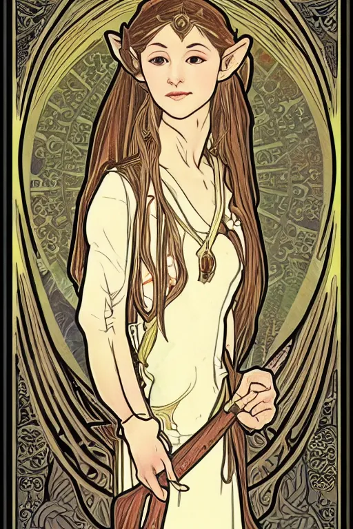 Image similar to A female Sindarin elf in the style of Alphonse Mucha