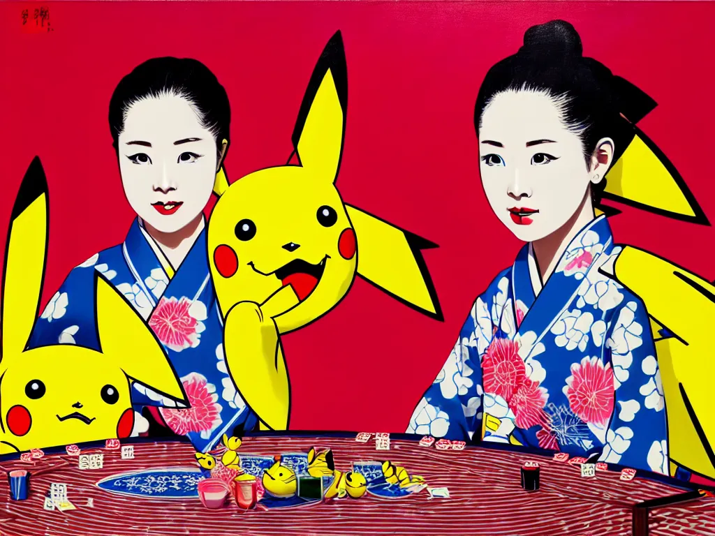 Image similar to hyperrealism composition of the detailed woman in a japanese kimono sitting at a poker table with pikachu, fireworks on the background, pop - art style, jacky tsai style, andy warhol style, acrylic on canvas