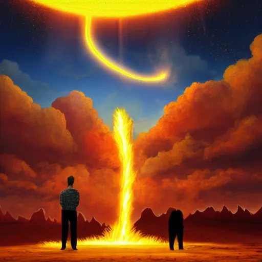 Image similar to giant fiery sun takes up most of the sky, two men look out over the horizon of a desert with plants on fire, lightning strikes in the distance, highly detailed matte painting