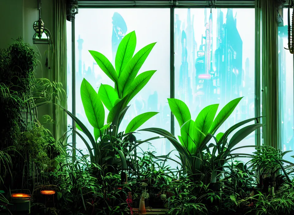 Prompt: telephoto 7 0 mm f / 2. 8 iso 2 0 0 photograph depicting a large alien jungle plant in a cosy cluttered french sci - fi ( art nouveau ) cyberpunk apartment in a pastel dreamstate art cinema style. ( computer screens, window ( city ), leds, lamp, ( ( ( aquarium bed ) ) ) ), ambient light.