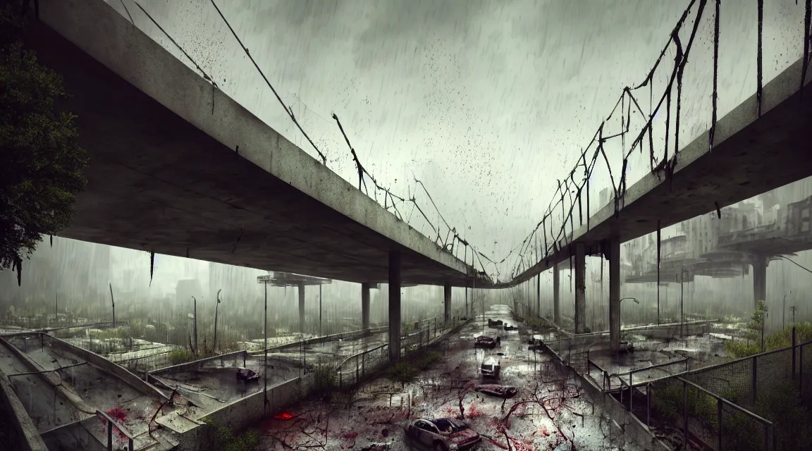 Image similar to post apocalyptic bridge, raining, building, avenue, modern contemporary urban americana concrete architecture, by pascal blanche, neil blevins, apocalyptic color palette, trending on artstation, photorealistic, wilderness ambiance, ultra detailed, high definition, depth of field, bokeh, rubble, wild vegetation, blood stains, building crumbling