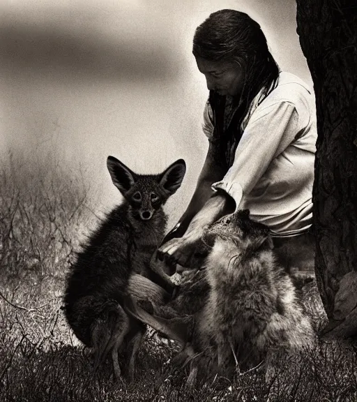 Image similar to Award winning Editorial photo of a Iroquois Native petting a wild coyote by Edward Sherriff Curtis and Lee Jeffries, 85mm ND 5, perfect lighting, gelatin silver process