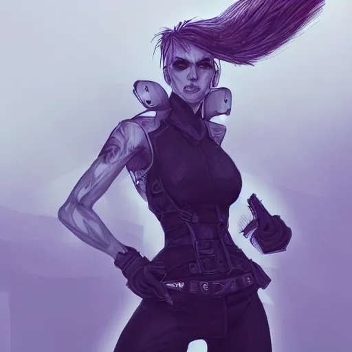 Image similar to beautiful punk warrior woman in business suit, low camera angle, intimidating pose, concept art, high definition details, symmetrical, twilight lighting, volumetric lighting, trending on art station