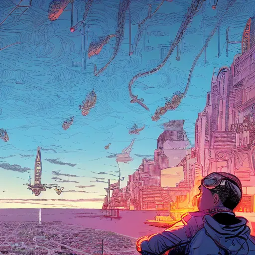 Image similar to hyper detailed comic illustration of a young explorer wearing a cyberpunk headpiece watching the sunset in the distance, by Josan Gonzalez and Geof Darrow, highly detailed, 8k wallpaper