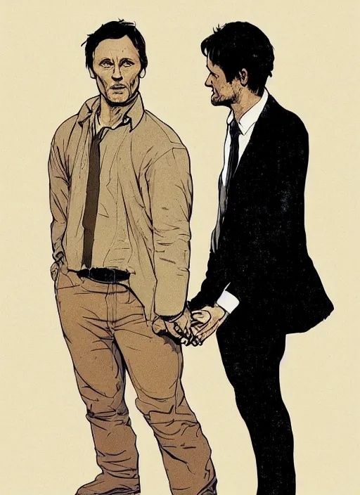 Prompt: Mads Mikkelsen and Hugh Dancy holding hands romantically as they chaperone school dance by Michael Whelan, Bob Larkin and Tomer Hanuka, simple illustration, domestic, nostalgic, clean, full of details, by Makoto Shinkai and thomas kinkade, Matte painting, trending on artstation and unreal engine, New Yorker magazine cover, romance book cover