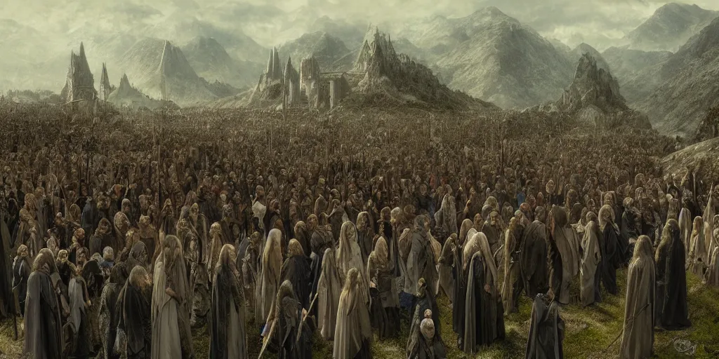 Image similar to Funeral of Aragorn, Arwen at his side, detailed matte painting, cinematic, Alan Lee, Artstation