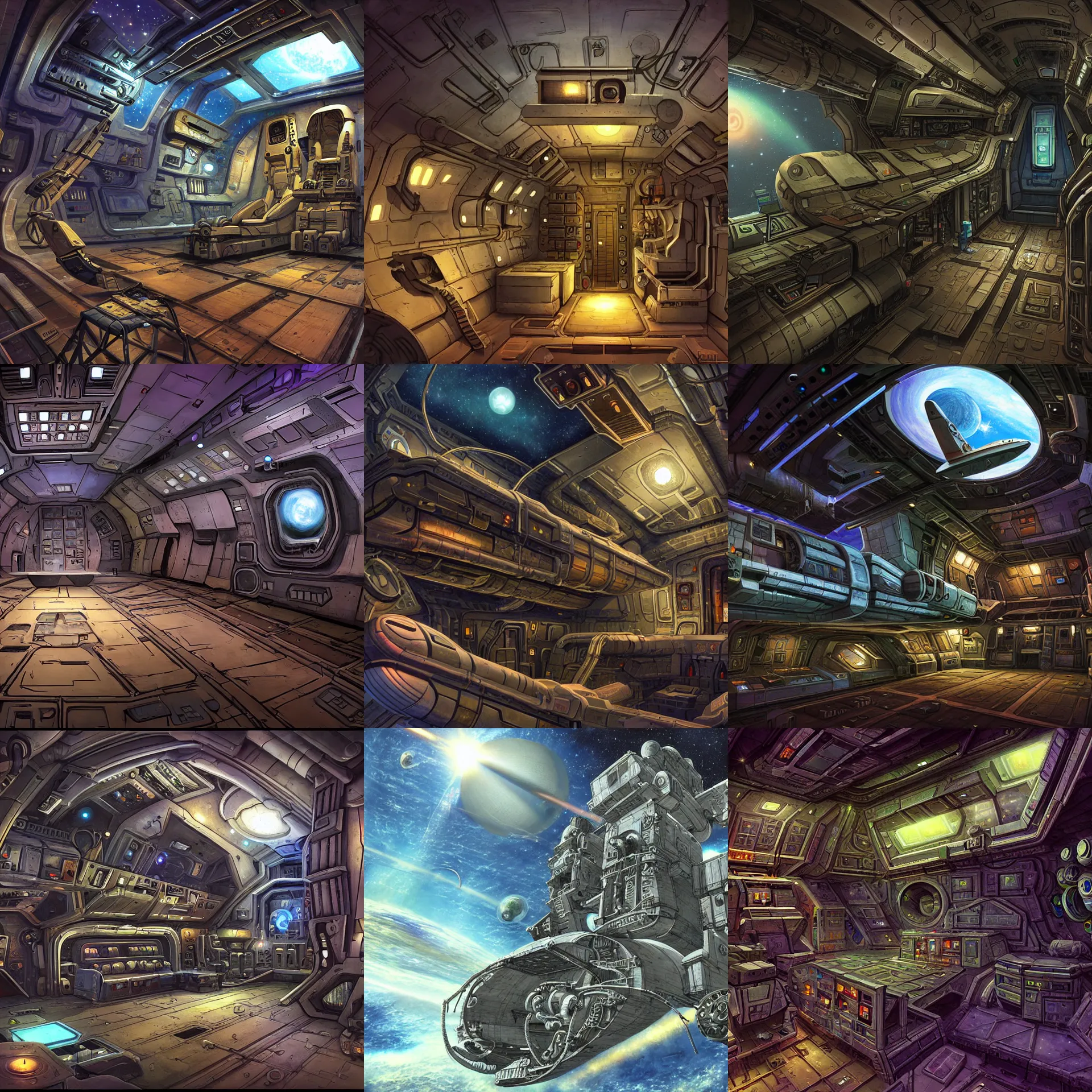 Prompt: in the long hull of a cargo spaceship, from a space themed point and click 2 d graphic adventure game, set design inspired by hg giger and tomb raider, art inspired by thomas kinkade