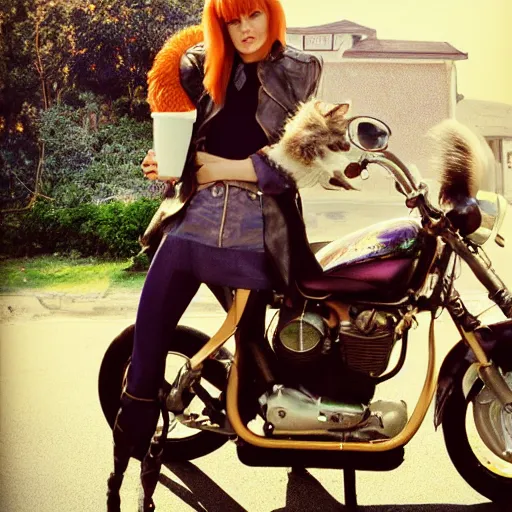 Prompt: a photo by arbus of a slender beautiful woman with straight ginger hair and bangs, wearing purple leathers and gold helmet, posing with large ginger tabby and raccoon on a motorcycle in front yard, holding coffee mug and toasted brioche bun, fashion photography, dramatic lighting, 8 5 mm lens