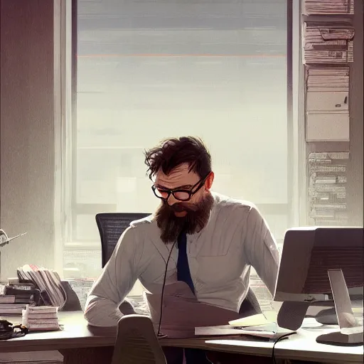 Prompt: a tired man with glasses in an office in front of a computer from distance highly detailed, digital painting, artstation, concept art, smooth, sharp focus, illustration, art by artgerm and greg rutkowski and alphonse mucha, 8 k,