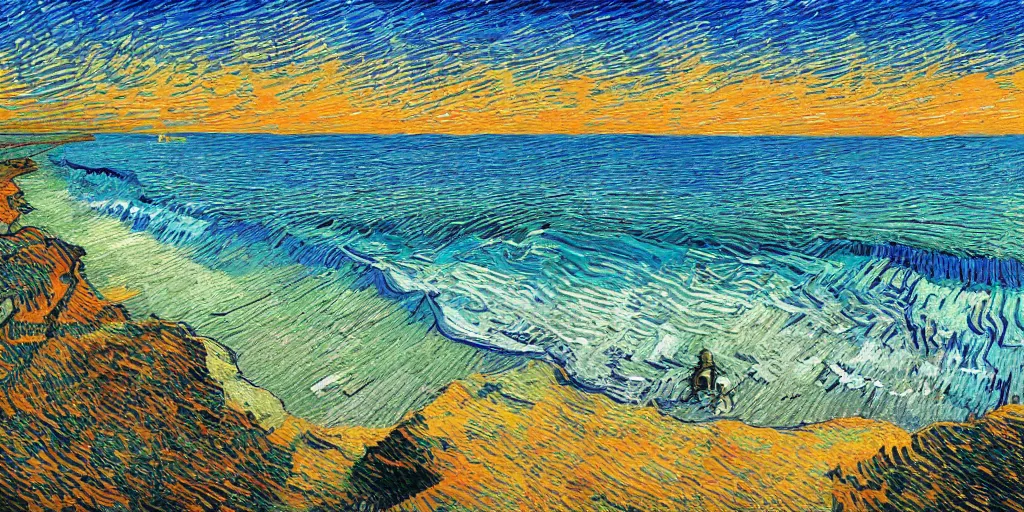 Prompt: a beach between two valley, by Salvador Dali and Van Gogh collaboration, sun set, digital art, high details, drone wide shot