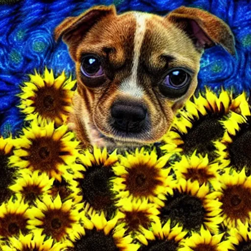 Prompt: cute little doggie puppy made completely out of sunflowers 8 k psychedelic deepdream