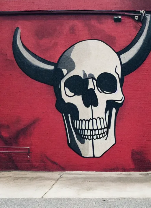 Prompt: a mural ok a skull wearing a cowboy hat with its mouth open