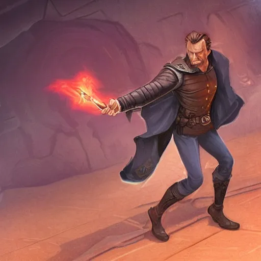 Image similar to Liam Neeson as Burl Gage, Antimage, wielding a dagger, iconic Character illustration by Wayne Reynolds for Paizo Pathfinder RPG