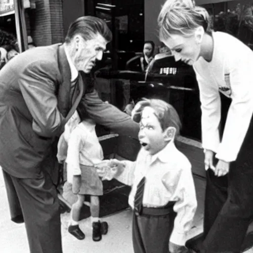 Prompt: “ ronald regan verbally abusing a crying child in front of a wendy ’ s fast food restaurant ”
