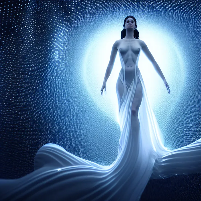 Prompt: a beautiful female goddess, in a flowing white translucent gown, entwined by light frequencies and wiring, octane render, floating in the universe, surrounded by stars and black holes, darkly surreal, light shining through, hyper - realistic, highly detailed, sharp focus, smooth, intricate