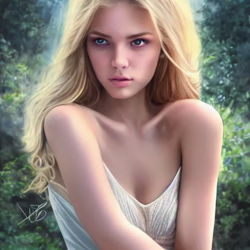 Image similar to a gorgeous female photo, professionally retouched, soft lighting, wearing sundress, illuminated by moonlight, realistic, smooth face, blonde goddess, luscious lips, perfect eyes, wide angle, sharp focus on eyes, shocked expression on her face, 8 k high definition, insanely detailed, intricate, elegant, art by artgerm and wlop