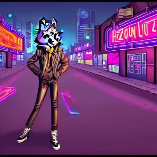 Prompt: beautiful commission digital art portrait commission of an androgynous furry anthro wolf wearing punk clothes in the streets of a cyberpunk city. neon signs, adverts, holographics. character design by zaush, rick griffin, tessgarman, angiewolf, rube, miles df, smileeeeeee, furlana, fa, furraffinity