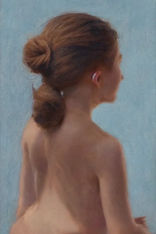 Image similar to girl with messy ponytail hairstyle, back view, blue camisole, shoulder tattoo, jeremy lipking, joseph todorovitch