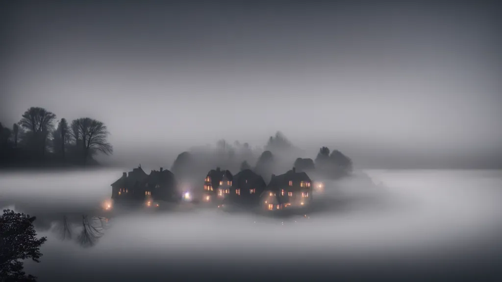 Prompt: village with beautiful houses in the fog on the lake, fog, volumetric lighting, mystique, atmospheric, conept art, sharp focus, ultra detailed, noir arthouse, 4 k, luminous details, cinematic, 3 5 mm, fujifilm