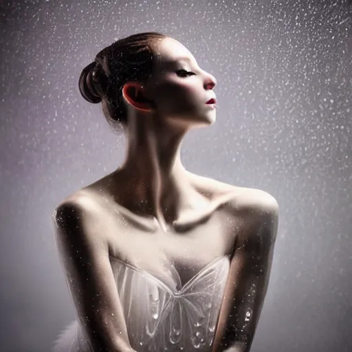 Image similar to portrait of a ballerina with a beautiful porcelain face, rain, cinematic light and reflections, beautiful dreamy lighting, photographed by annie leibovitz, zbrush,