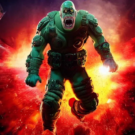 Prompt: pickle rick as superman in gears of war, splash art, movie still, detailed face, photorealistic facial features, cinematic lighting, dramatic, octane render, long lens, shallow depth of field, bokeh, anamorphic lens flare, 8 k, hyper detailed, 3 5 mm film grain