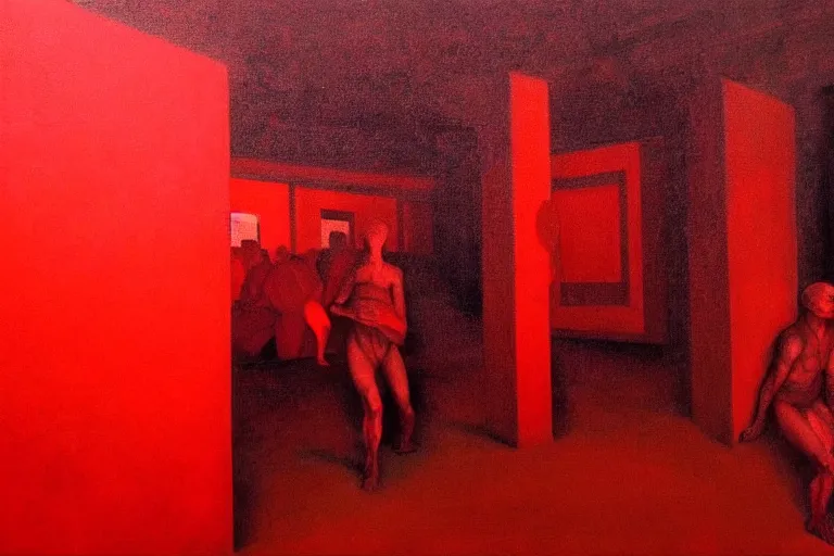 Image similar to only with red, crowd screaming, an exposed painting in a roman theater, in the style of beksinski, parts by edward hopper, parts by rodcenko, parts by yue minjun, intricate and epic composition, red by caravaggio, insanely quality, highly detailed, masterpiece, red light, artstation, 4 k