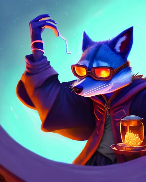 Image similar to closeup, highly detailed digital illustration portrait of hooded sorcerer sly cooper raccoon casting a magical glowing spell in a castle, action pose, d & d, magic the gathering, by rhads, lois van baarle, jean - baptiste monge, disney, pixar,