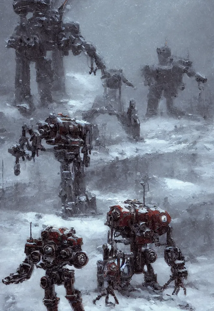 Prompt: a 1914, walking steam rusty mecha in the snow, Rozalski, trending on artstation