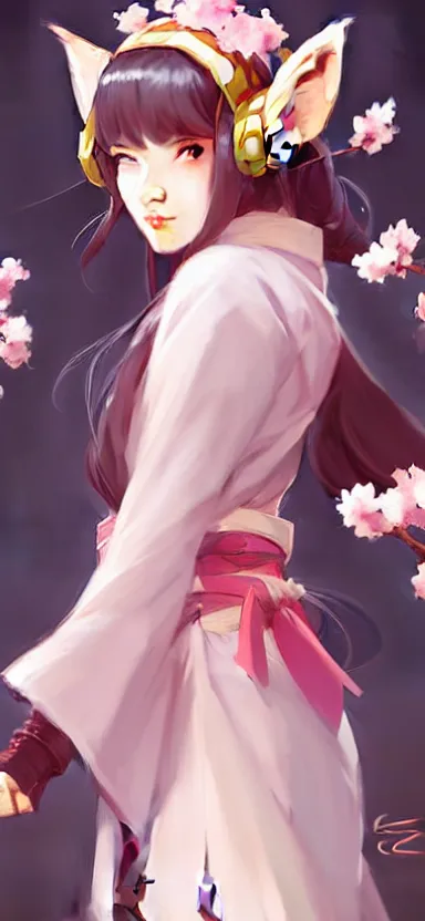 Image similar to a league of legends concept art of a cute girl with fox ears wearing kimono at a sakura tree, art by cushart krentz and greg rutkowski, 8 k resolution, high quality, highly detailed, long hair, fantasy style, empty background, illustration, hyperrealism, octane render, commission art, trending on artstation, pinterest