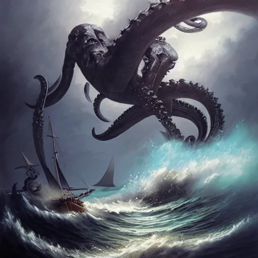 Image similar to A kraken-sea-monster emerging from the stormy ocean depths attacking a 17th century Ship-of-the-line, atmospheric, dramatic, concept art by Peter Mohrbacher