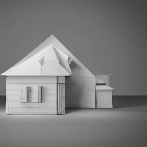 Image similar to origami farmhouse in white paper, 3 d render, ultra detailed, on white background, studio shot