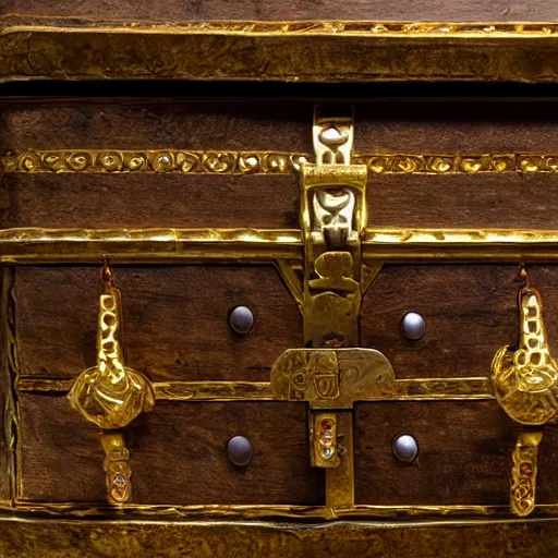 Prompt: A Dwemer chest filled with jewels and golden artefacts, 4k, hdri, museum quality photo