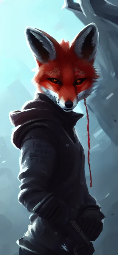 Image similar to a league of legends concept art of an anthropomorphic red fox in a black hoodie with scar on a face holding a gun, front view, artstation, digital art, oc commission, style by jordan grimmer and greg rutkowski, 4 k resolution