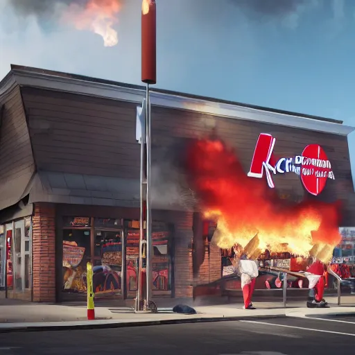 Prompt: ronald macdonald fire bombing a kfc restaurant, hyper real, 8 k, octane render, vivid, bright, photo realistic, city street