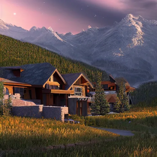 Prompt: montana alpine landscape with windy road and modern homes designed by charles haertling scattered on the mountainsides, photo realism, dramatic lighting, from a dream, high quality digital art, unreal engine