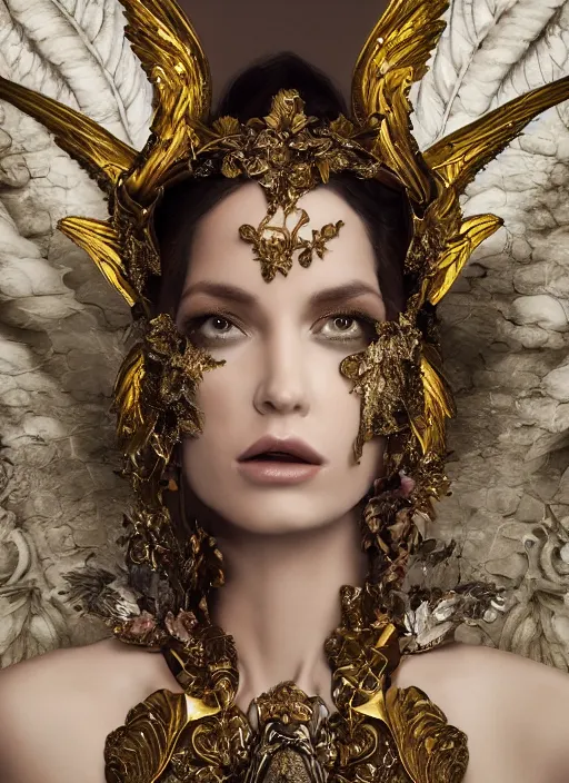 Image similar to expressive full body photo of a female model as beautiful angel, ornate headpiece made from flowers, ivory, ornaments, glamour shot, by karol bak, by stefan gesell, octane render, unreal engine, photorealistic, canon r 3, fashion photography, painted studio backdrop, environmental portrait, dark fantasy, dark beauty, magazine, symmetrical features