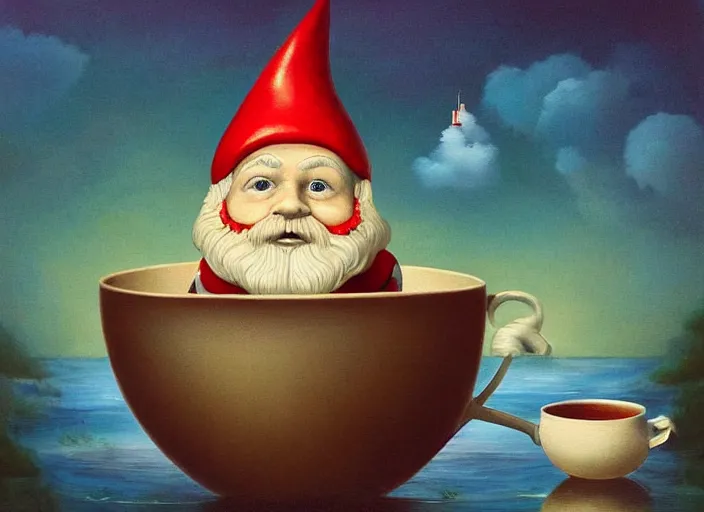 Image similar to a garden gnome sailing in a teacup, whimsical background of a reflective pond on a sunny day with dramatic clouds, an ultrafine detailed painting by mark ryden, trending on deviantart, pop surrealism, whimsical, lowbrow, joyous