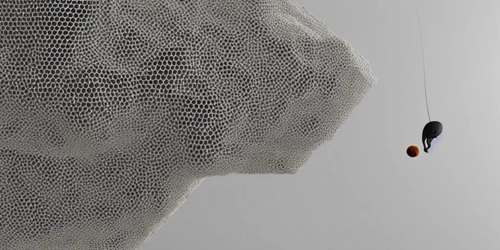 Prompt: organic shaped honeycomb asymmetric capsule levitating in the air no - gravity, maximum natural texture, white warm illumination, in low fog, 8 k resolution, best color graded, vray beautiful, subsurface scatter, hyper - realistic render