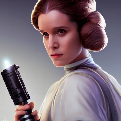 Image similar to Princess Leia , holding a light saber , made by Stanley Artgerm Lau, WLOP, Rossdraws, ArtStation, CGSociety, concept art, cgsociety, octane render, trending on artstation, artstationHD, artstationHQ, unreal engine, 4k, 8k,