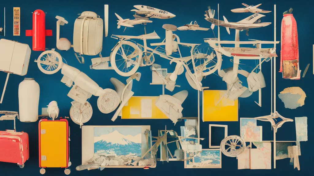 Image similar to an arrangement of traveller explorer props, japan, a collage painting, in the style of wes anderson, lola dupre, david hockney, isolated on negative white space background dark monochrome neon spraypaint accents volumetric octane render