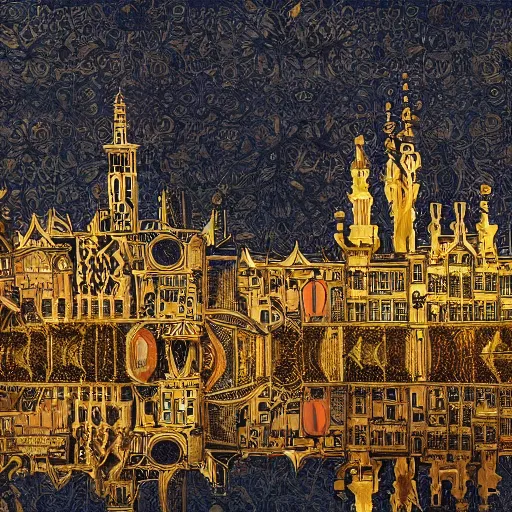 Image similar to a beautiful city made of ivory and gold, highly intricate, digital art, very detailed, in the style of a weird and dark eerie liminal art nouveau flemish painting