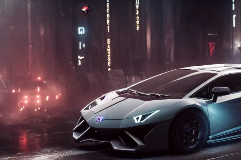 Image similar to A cinematic film still of a Lamborghini in the movie Blade Runner: 2049.