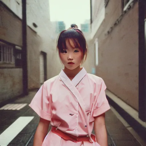 Image similar to 1990s perfect 8K HD professional cinematic photo of close-up japanese schoolgirl posing in sci-fi dystopian alleyway at morning during rain, at instagram, Behance, Adobe Lightroom, with instagram filters, depth of field, taken with polaroid kodak portra