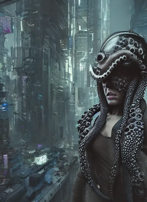 Image similar to hyperrealism, detailed textures, photorealistic 3 d cyberpunk octopus queen in apocalyptic city, futuristic clothing and helmet, ultra realistic, cinematic, intricate, low light, unreal engine 8 k