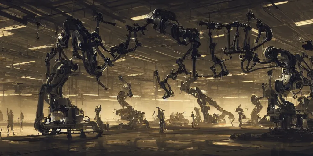 Prompt: high - tech factory assembling robots with robotic arms at work, digital art, 8 k, by greg rutkowski