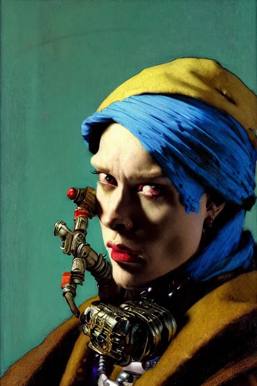 Image similar to full character portrait max mad cyberpunk warhammer 4 0 k, tech priest not the girl with the pearl earring character design, painting by gaston bussiere, katsuya terada, wyeth, craig mullins, hiroshi yoshida, ( ( ( ( ( vermeer ) ) ) ) ), frank frazetta, mucha, tom of finland, trending on artstation