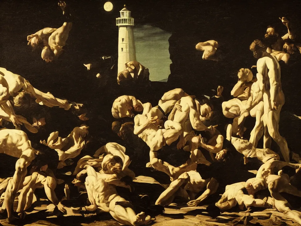 Image similar to stills from the Robert Eggers' movie The Lighthouse painted by Caravaggio, baroque painting, renaissance painting, 8k, highly detailed