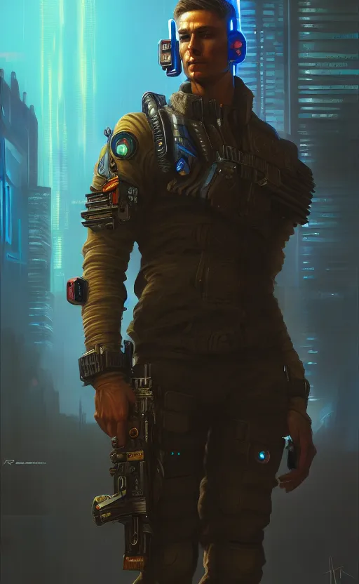 Prompt: cyberpunk solider, concept art by aleksander rostov, oil painting, large strokes, artstation trending, symmetry, awesome exposition, very detailed, highly accurate, intricate, professional lighting diffracted lightrays, 8 k, sense of awe, gamers magazine cover