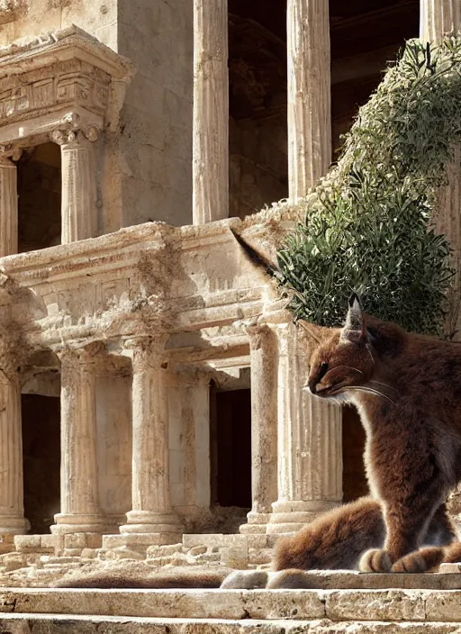 Image similar to hyper realistic fluffy caracal in ancient greek city, marble columns, temple, olive trees, atmospheric beautiful details, strong composition painted by kim jung giu weta studio rutkowski, james gurney and greg rutkowski, and lucasfilm