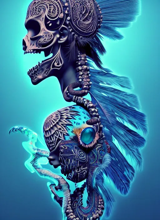 Image similar to 3 d shaman with tattoos profile portrait, sigma 5 0 0 mm f / 5. beautiful intricate highly detailed quetzalcoatl skull and feathers. bioluminescent, gradient background, plasma, frost, water, wind, creature, thunderstorm! artwork by tooth wu and wlop and beeple and greg rutkowski, 8 k trending on artstation,